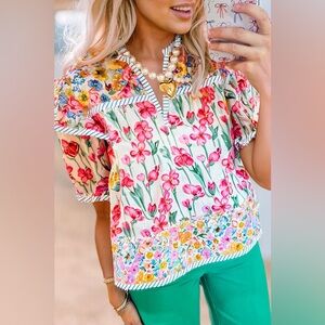 🌸 Boho Floral Puff Sleeve Blouse with Striped Detail – Split Neck, Romantic Top